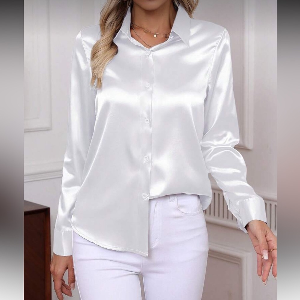 Elegant Plus Size Office Work Pink Satin Top Blouse Button Down Up Shirt White